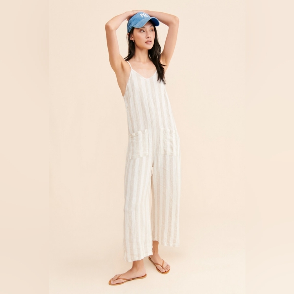 Little Lies Womans 100% Linen Suki Striped White Natural Jumpsuit